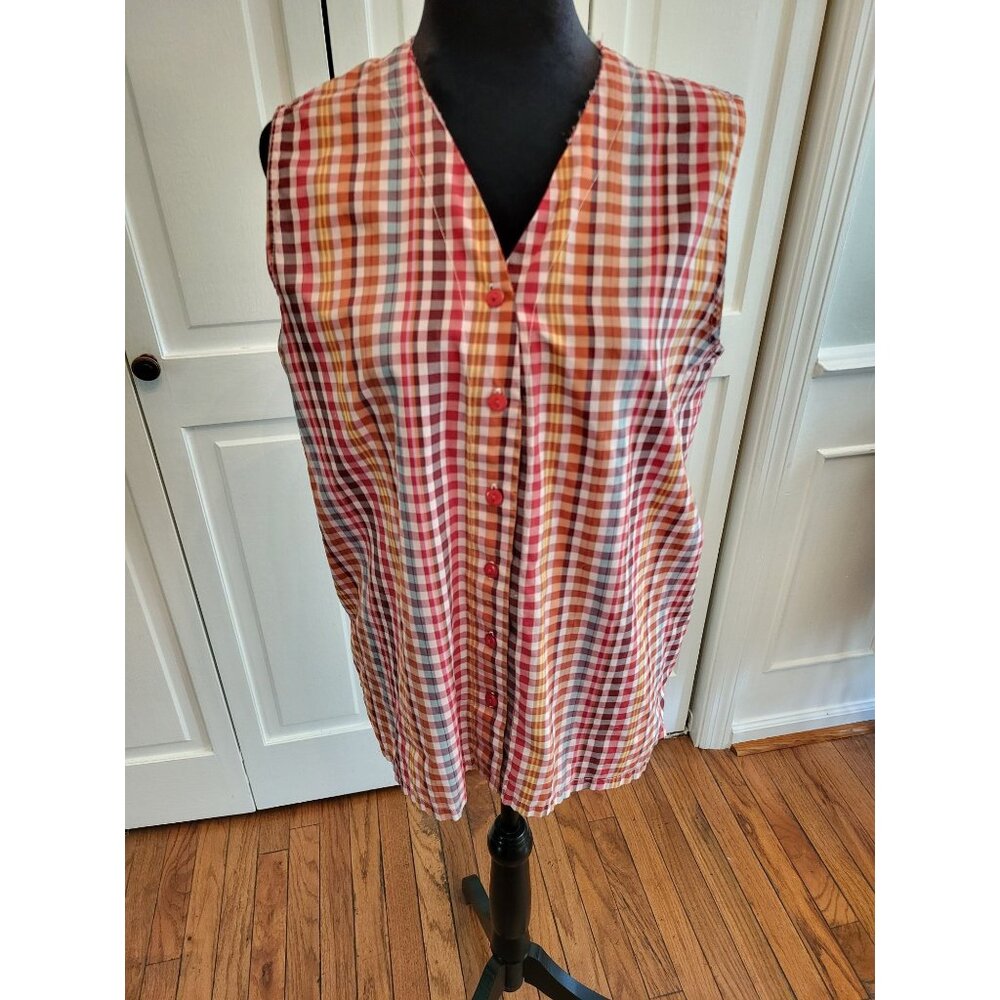 Vintage 90's Plaid Sleeveless Button Up Shirt V Neck Silk Blend M Grunge Preppy